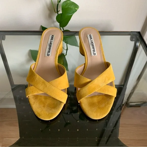 Karl Lagerfeld Fawn Yellow Leather Suede Open Toe Slide Block Heel Sandal Size 6 - Picture 9 of 15